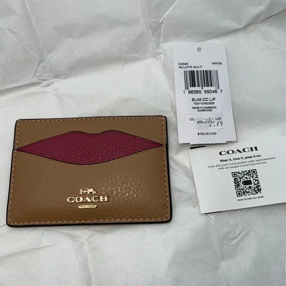 Coach Slim Card Holder Wallet Beige Leather Pink Lips Logo Signature - Picture 2 of 6